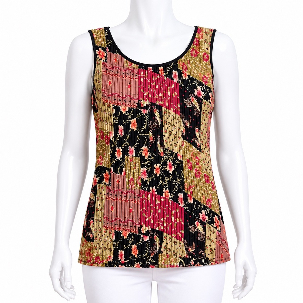 Dressbarn Tank Top Womens 8 Multicolor Patchwork Floral Plisse Pleated Lined